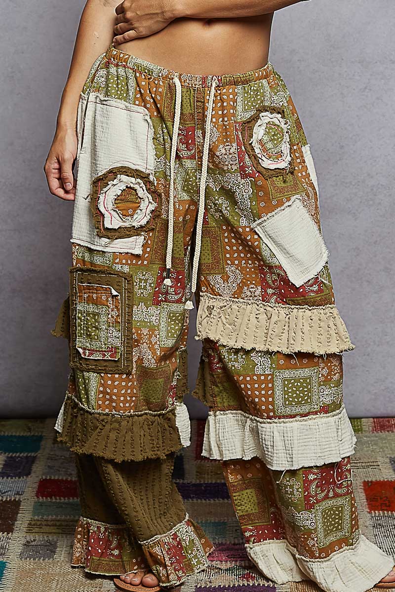 "Mo Patchwork" Layered Ruffled Pants in Olive
