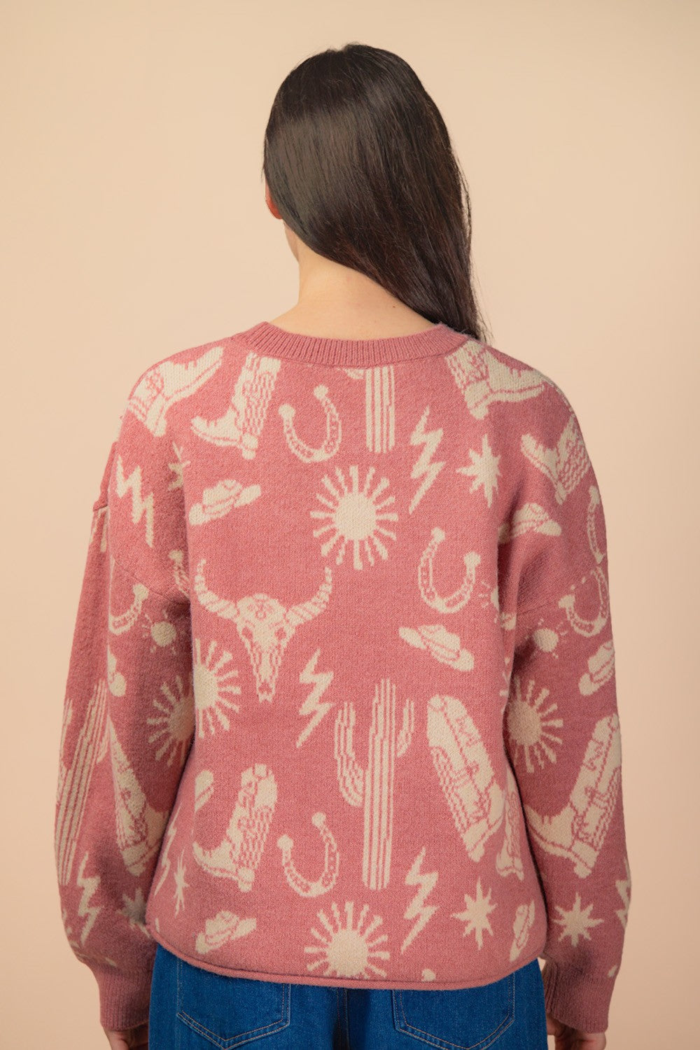 "Margaret" Western Graphic Knit Thick Sweater Mauve Pink