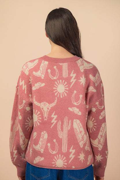"Margaret" Western Graphic Knit Thick Sweater Mauve Pink