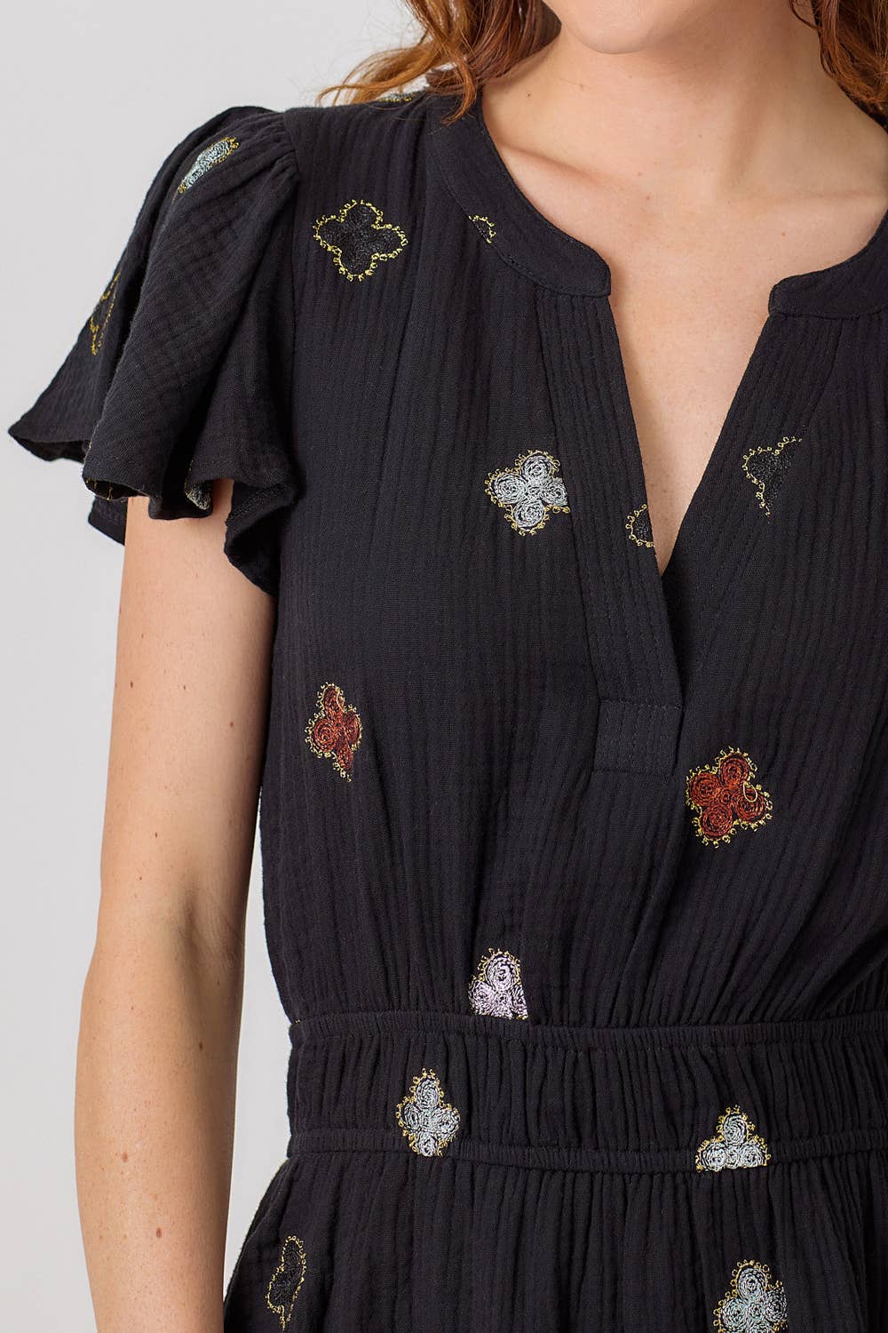 "Dayna" Embroidered Double Gauze Dress in Black