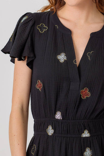 "Dayna" Embroidered Double Gauze Dress in Black