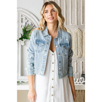 "Starboard" Star Embroidered Denim Jacket in Lt Wash