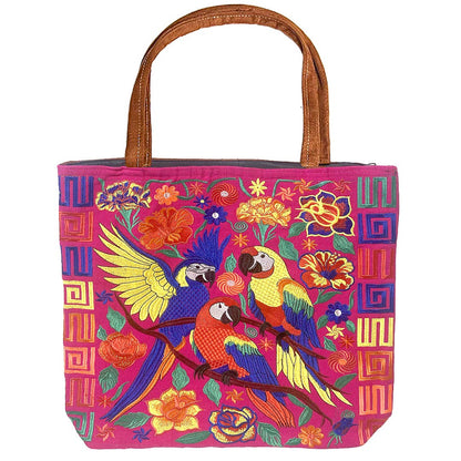 "Boho Parrot" Embroidered Floral Suede Tote Bag