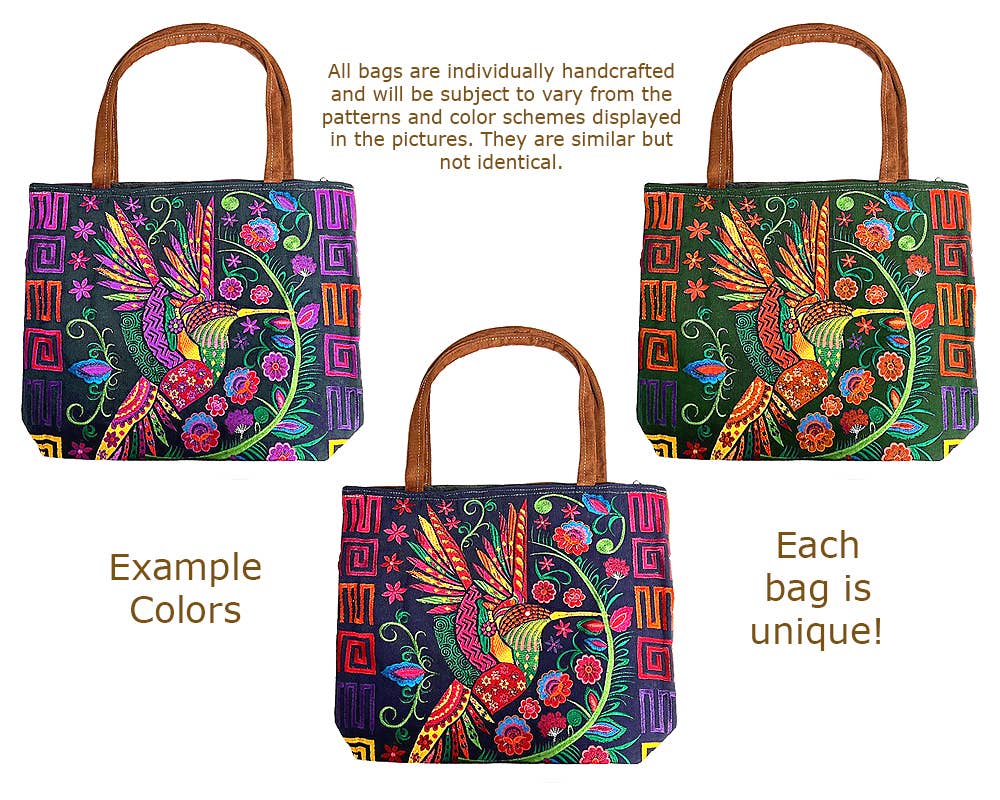 "Boho Hummie" Embroidered Floral Hummingbird Tote Bag