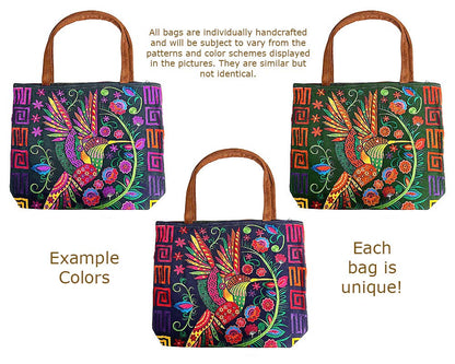 "Boho Hummie" Embroidered Floral Hummingbird Tote Bag