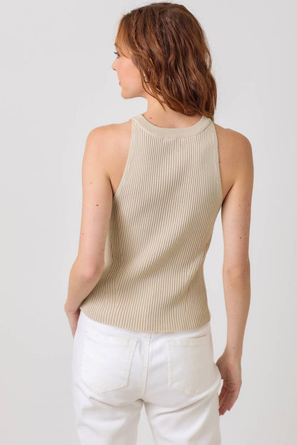 "Route 66" Halter Neck Ribbed Tank in Stone