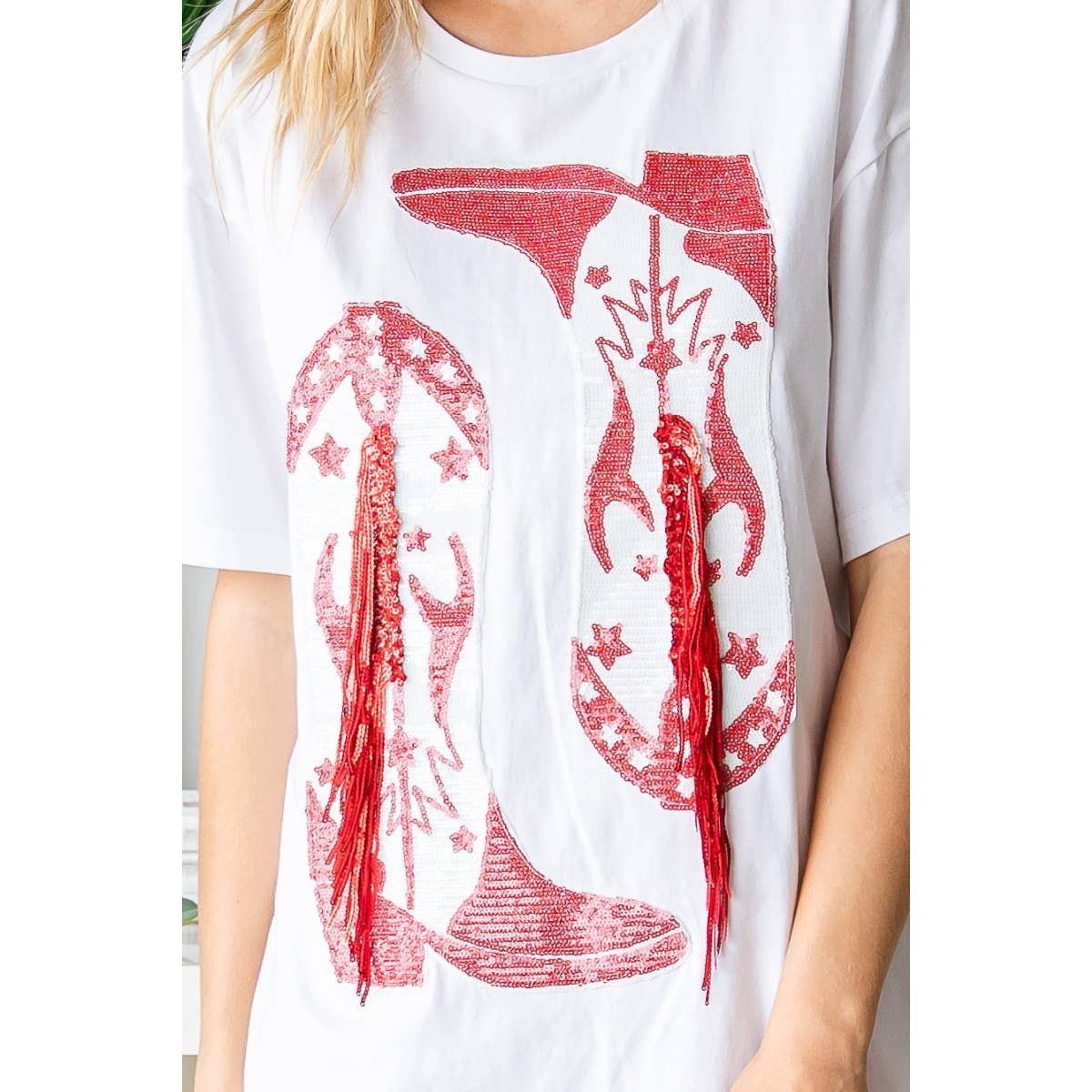 "Cowgirl Fringe" Boots Sequined Patch Tee Dress in White