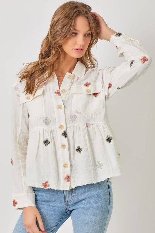 "Pepper" Gauze Embroidered Peplum Jacket in Washed White