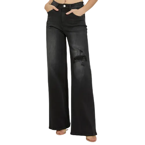 "Rowdy" Mid Rise Black Wide Leg Jeans