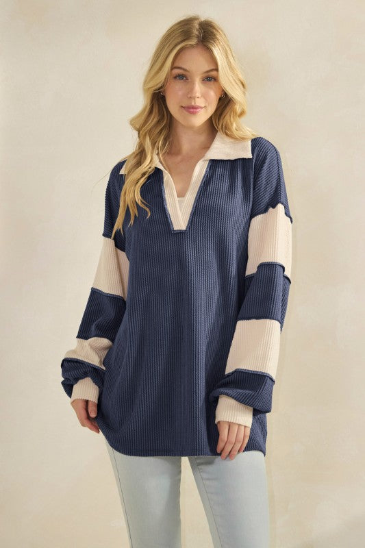 "Ahoy" Stripe Sleeve Top in Navy