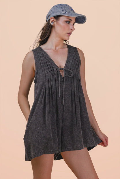 "Sweet Jumper" Pleated Shorts Romper in Washed Black