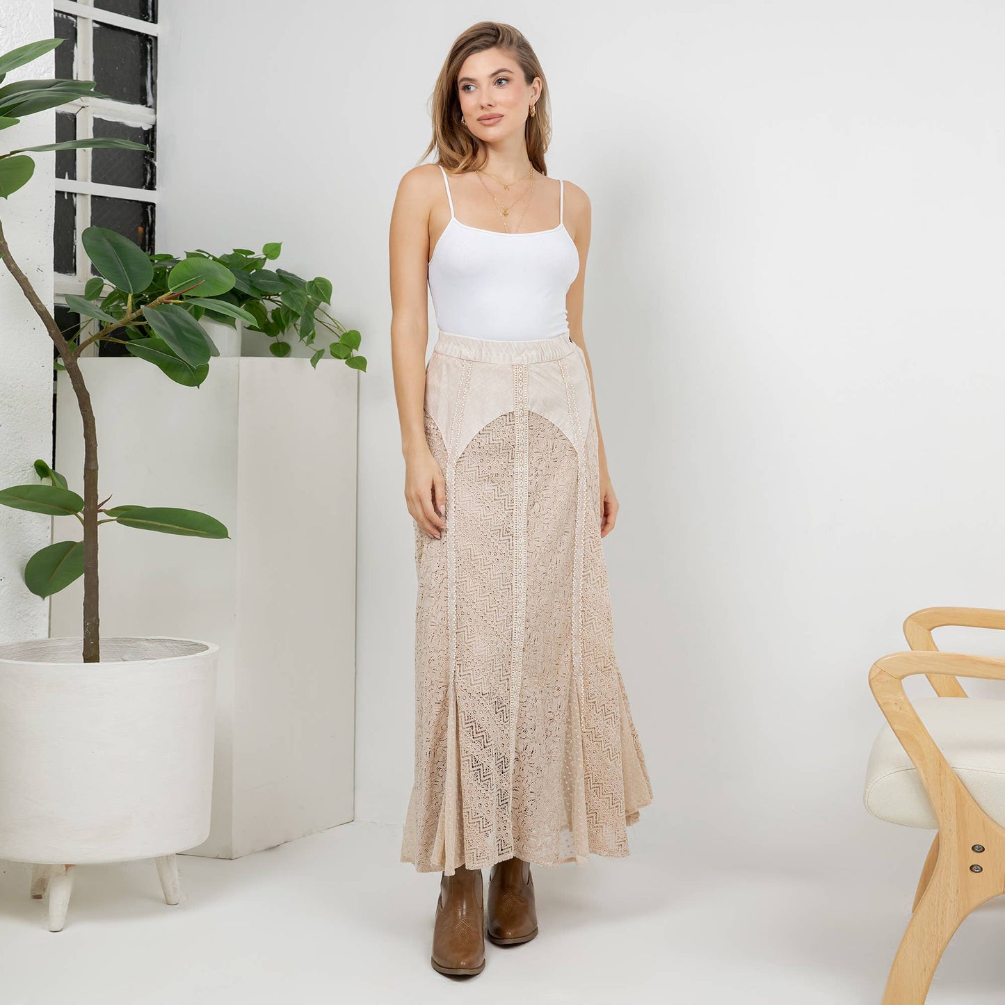 "Sarah" Prairie Maxi Skirt Denim & Lace in Latte