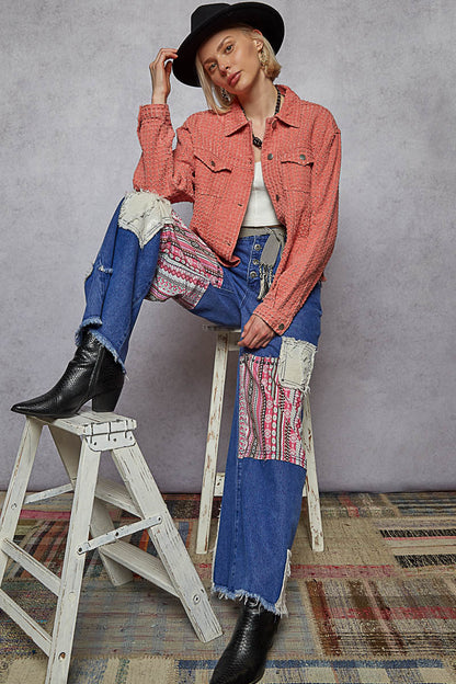 "Lennon" Laser Textured Distressed Twill Jacket in Dusty Pink