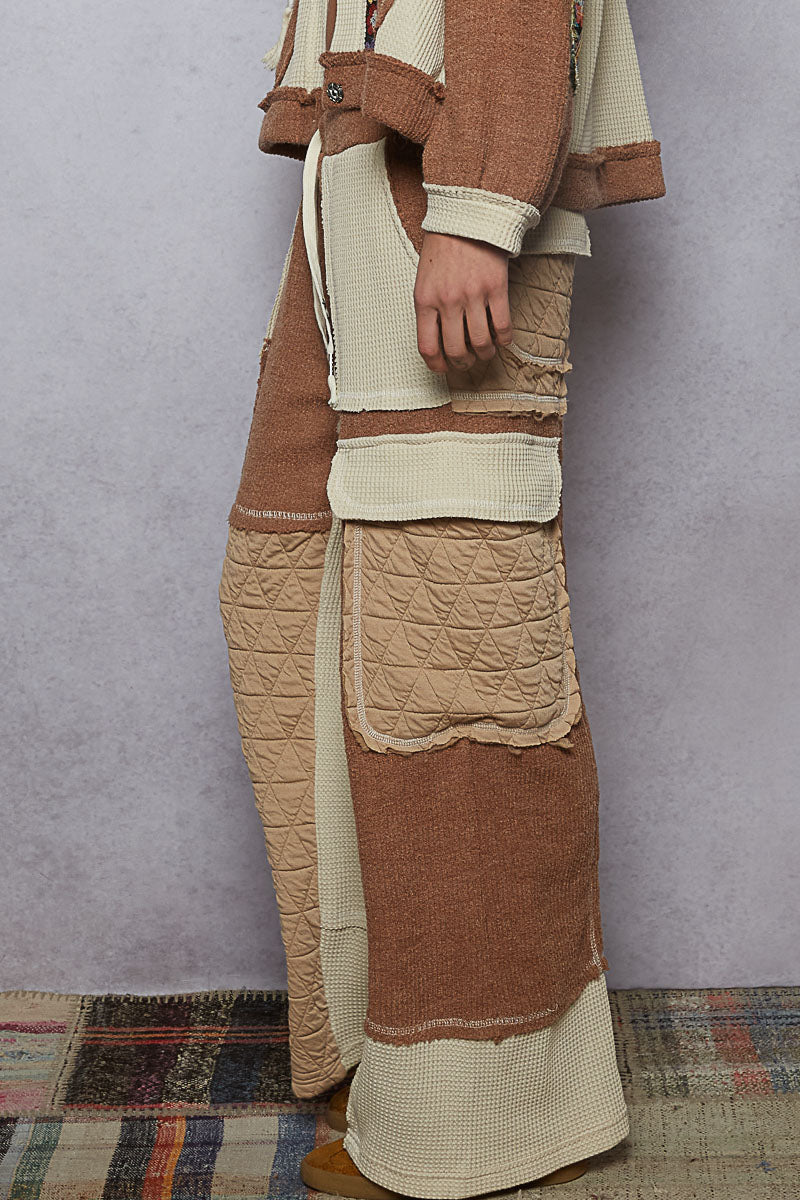 "Wanderlust" Oat Chocolate Floral Knit Thermal Quilted Pants