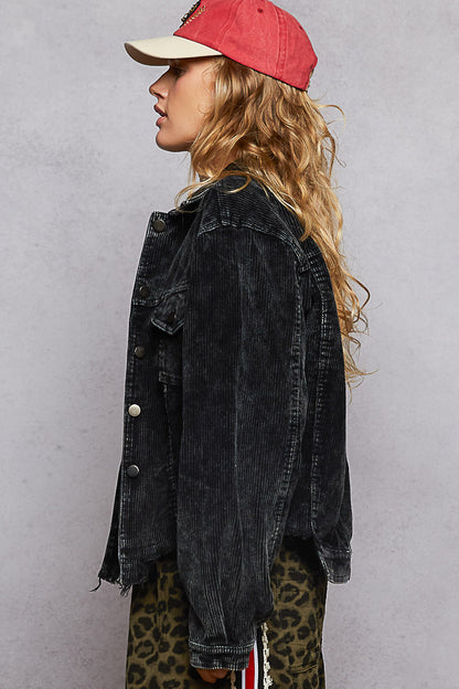 "Bobbie" Destroyed Hem Corduroy Jacket in Washed Black
