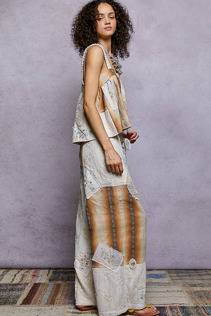 "Deacon" Patchwork Wide Leg Pants in Ivory Chocolate