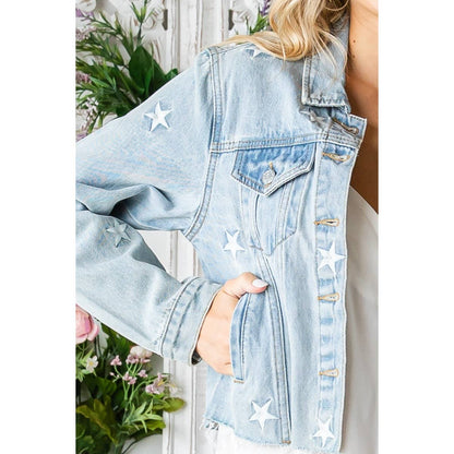 "Starboard" Star Embroidered Denim Jacket in Lt Wash