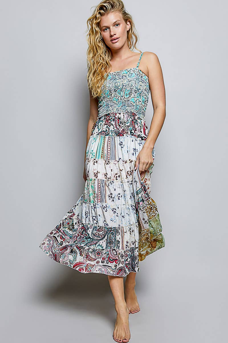 "Boho Patch" Square Neck Smocked Maxi Dress