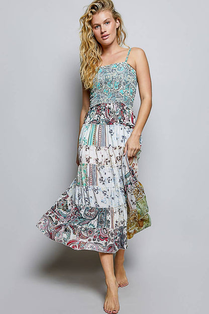 "Boho Patch" Square Neck Smocked Maxi Dress