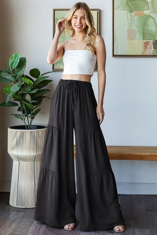 "Janine Black" Wide Leg Tiered Pants in Black