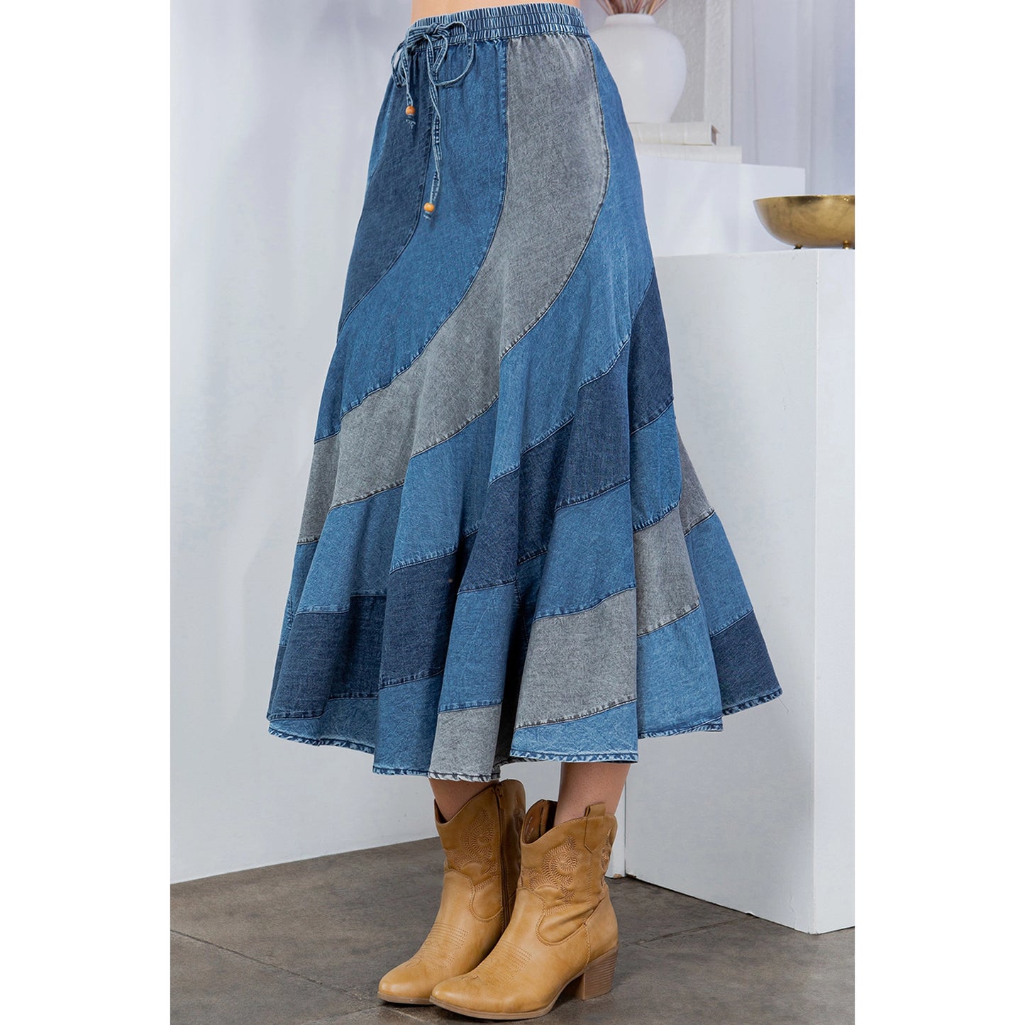 "Swirlin' Girl" Asymmetrical Denim Midi Skirt