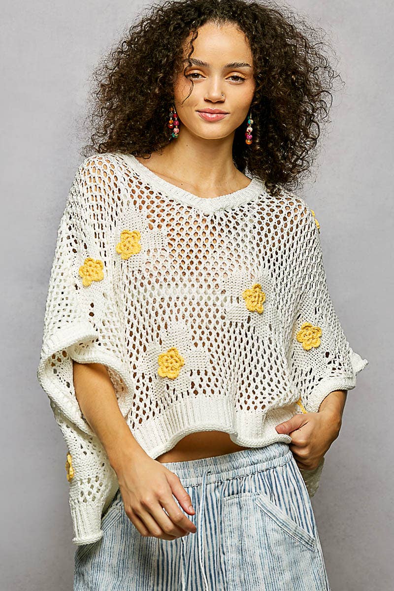 "Bloomin' Filly" Floral Patch Open Sweater Top Ivory Yellow