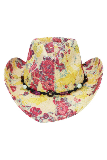 "Poppy" Floral Print Raffia Straw Cowboy Hat