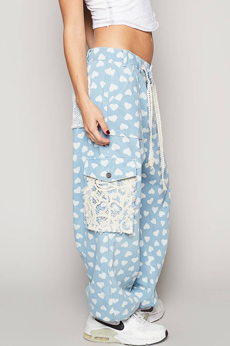 "Heart Joy" Cargo Pants Joggers in Lt Blue