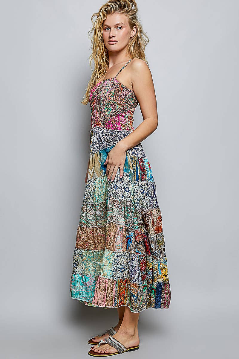 "Boho Patch" Square Neck Smocked Maxi Dress