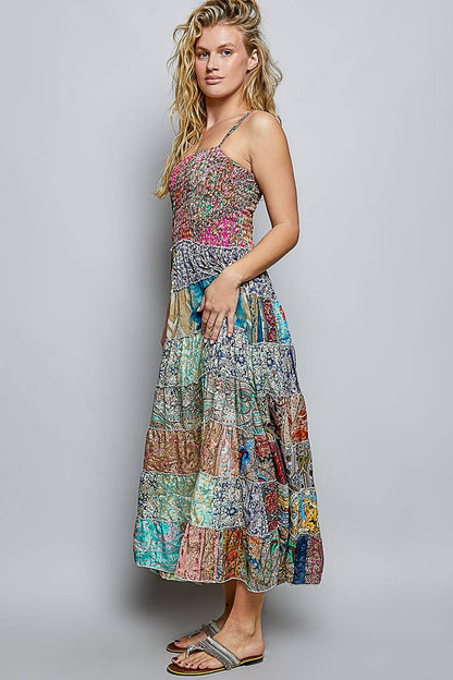 "Boho Patch" Square Neck Smocked Maxi Dress