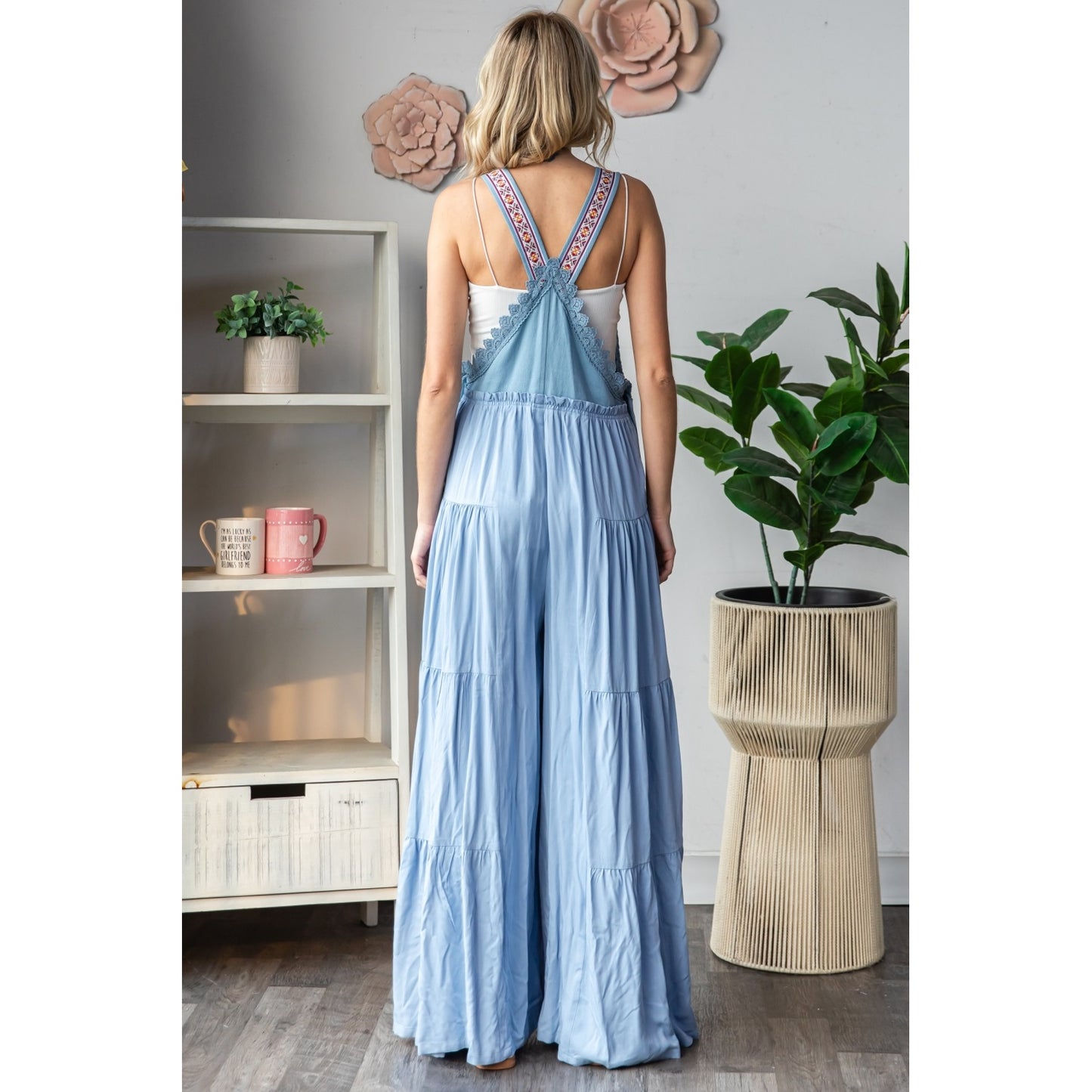 "Freedom" Embroidered Overall Wide Leg Romper in Blue