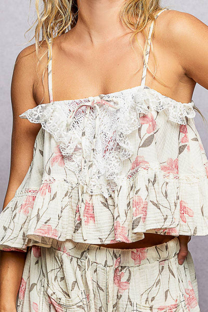 "Anna" Lace Ruffles Crop Floral Top