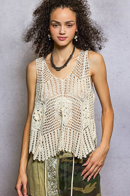 "Versailles" V-Neck Sleeveless Crochet Top in Natural