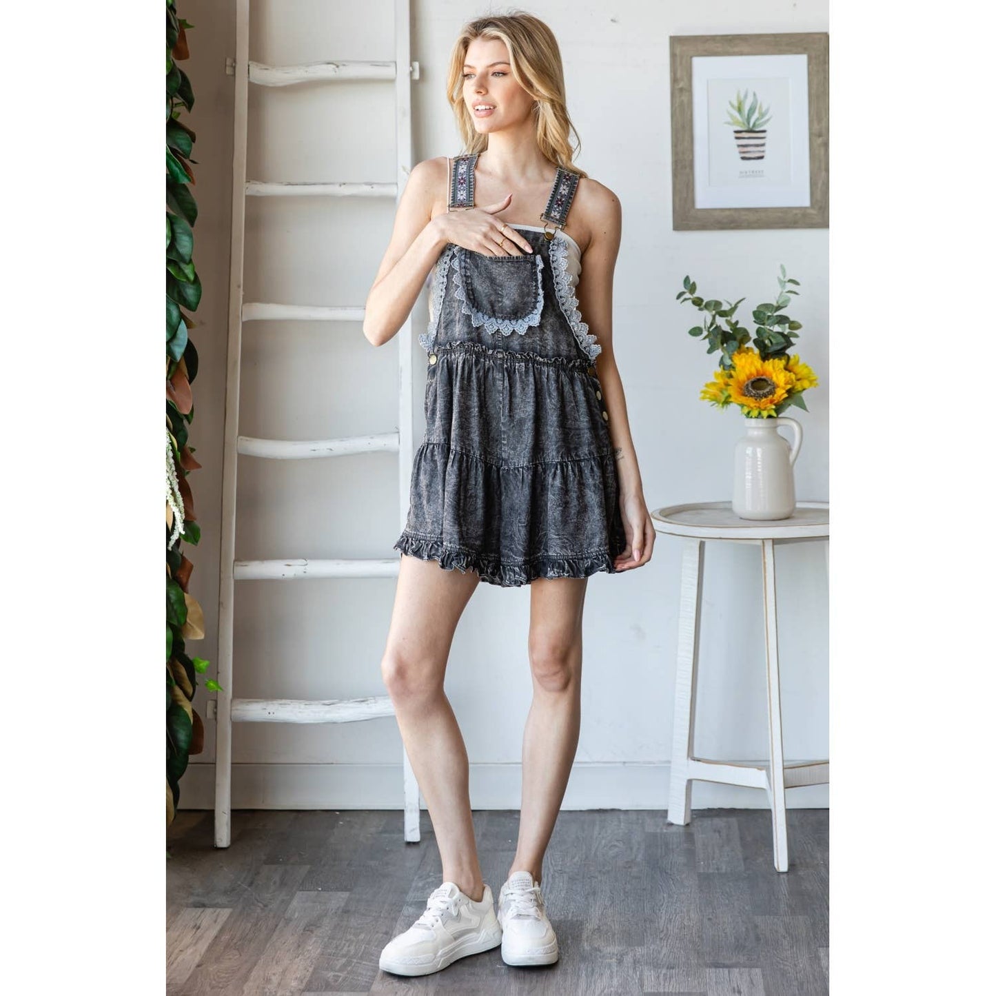 "Life Romper" Embroidered Tencel Overall Shorts in Washed Blue
