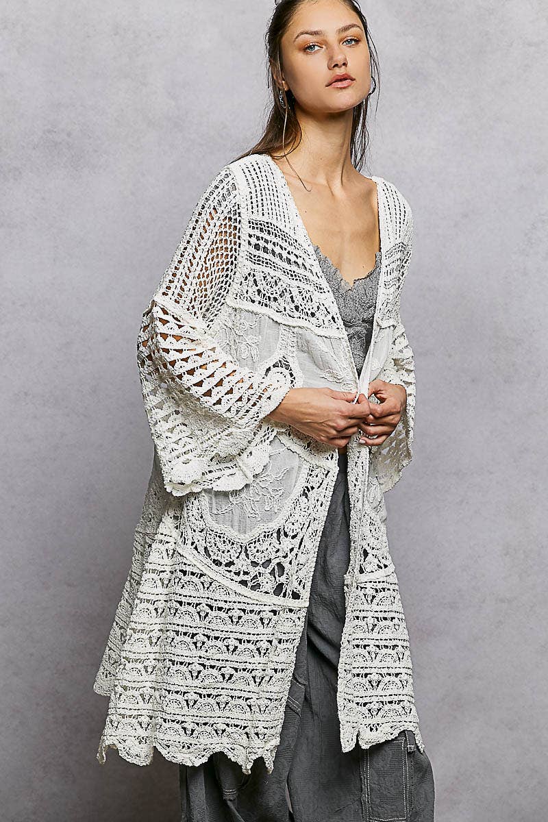 "Casey" Crochet Scalloped Edge Cardigan Off-White