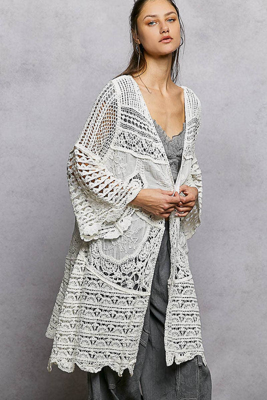 "Casey" Crochet Scalloped Edge Cardigan Off-White