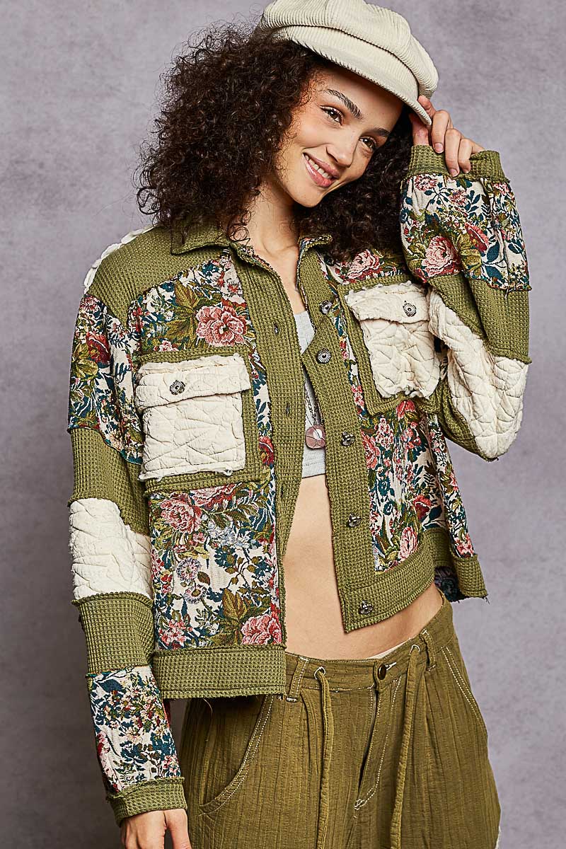 "Mi Adore" Olive Jacquard Waffle Colorblock Floral Jacket