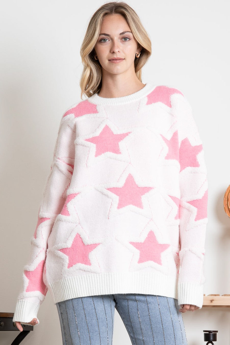 "Pink Star" Textured White Sweater with Pink Stars