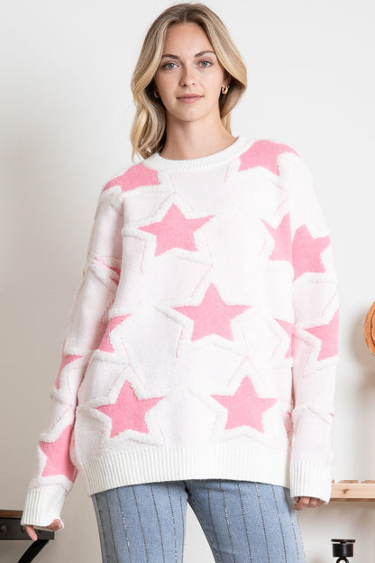 "Pink Star" Textured White Sweater with Pink Stars