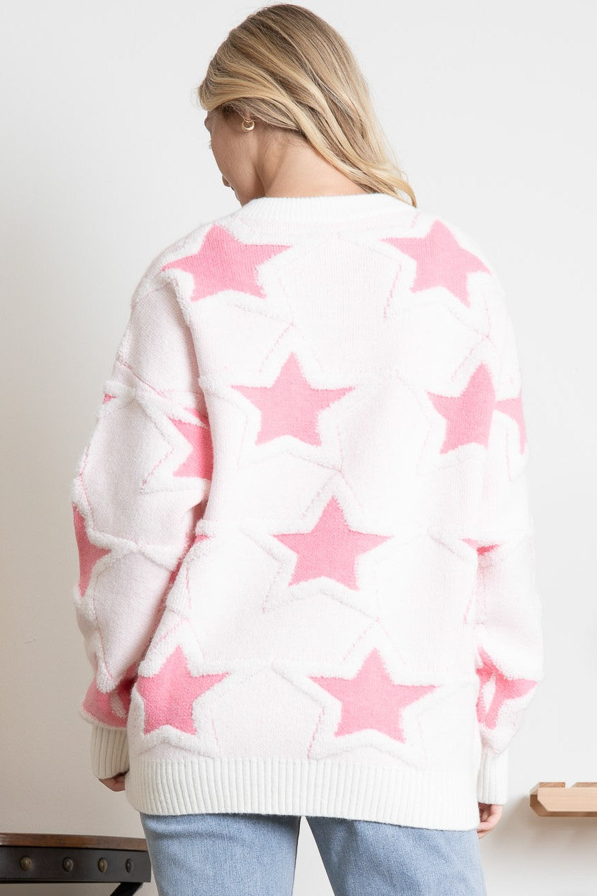 "Pink Star" Textured White Sweater with Pink Stars