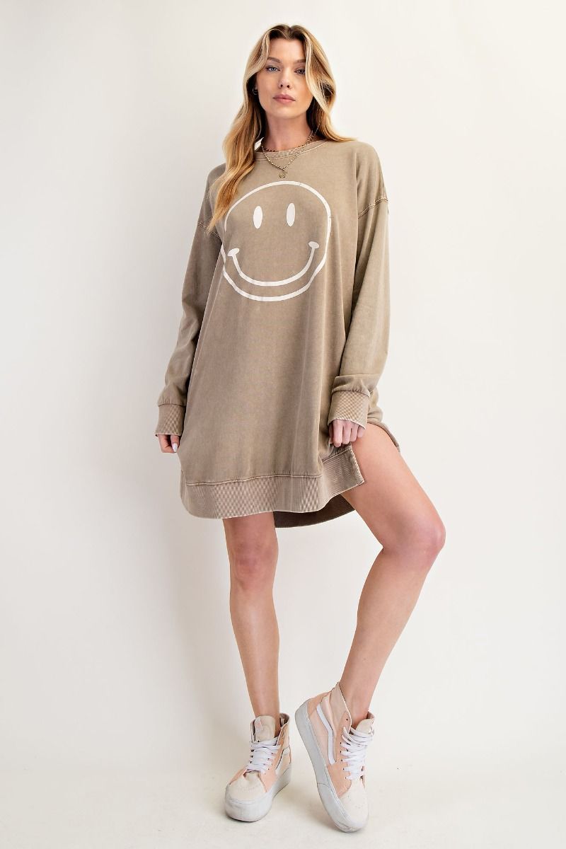 "Happy Face" Smiley French Terry Pullover in Mushroom