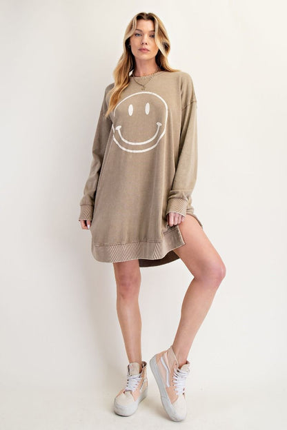 "Happy Face" Smiley French Terry Pullover in Mushroom