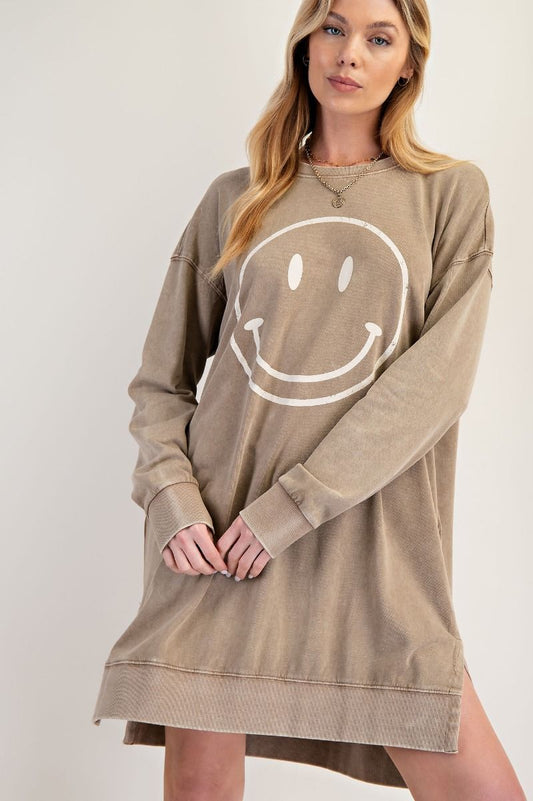 "Happy Face" Smiley French Terry Pullover in Mushroom
