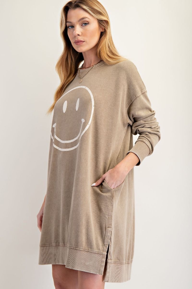 "Happy Face" Smiley French Terry Pullover in Mushroom