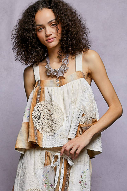 "Rayna" Double Gauze Patchwork Top Ivory Chocolate Plaid