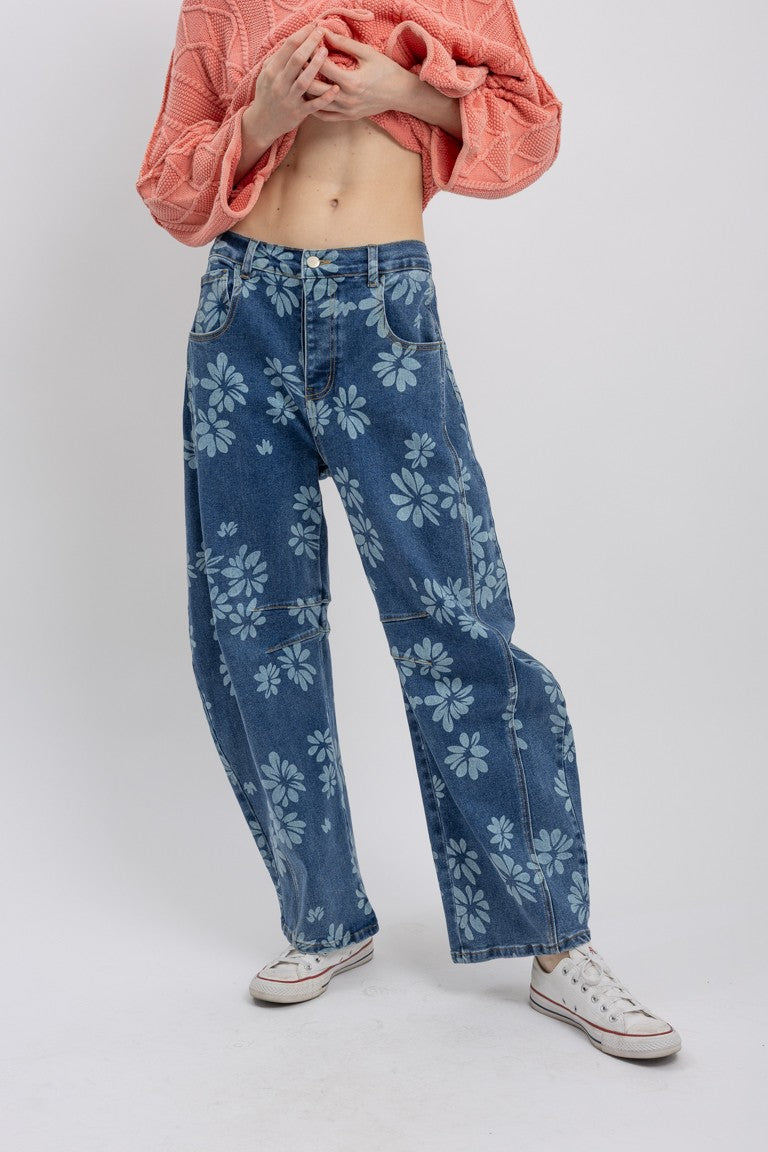 "Bouquet Barrels" Flower Print Barrel Jeans