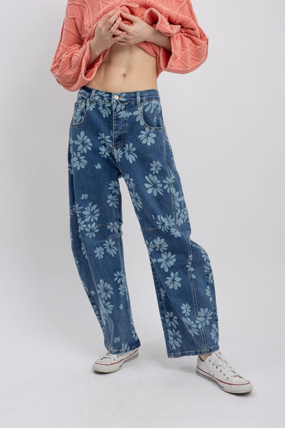 "Bouquet Barrels" Flower Print Barrel Jeans