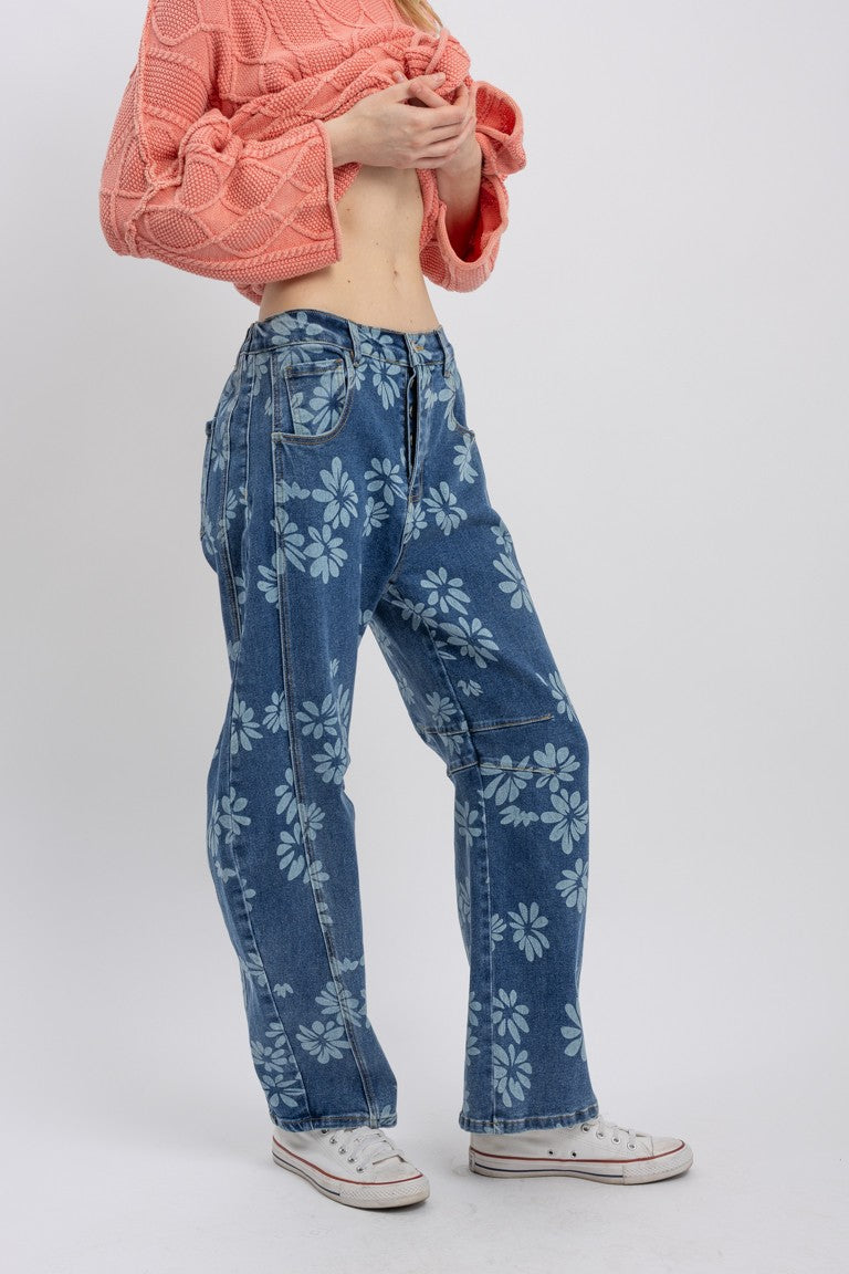 "Bouquet Barrels" Flower Print Barrel Jeans