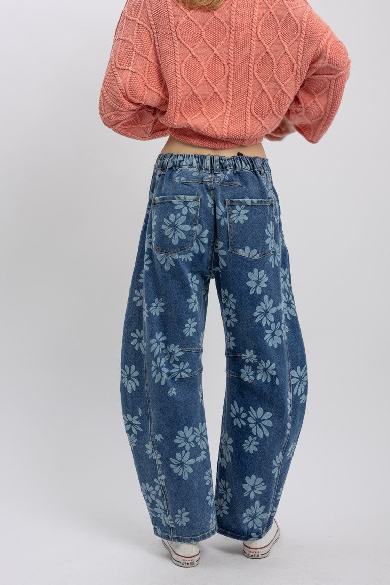 "Bouquet Barrels" Flower Print Barrel Jeans