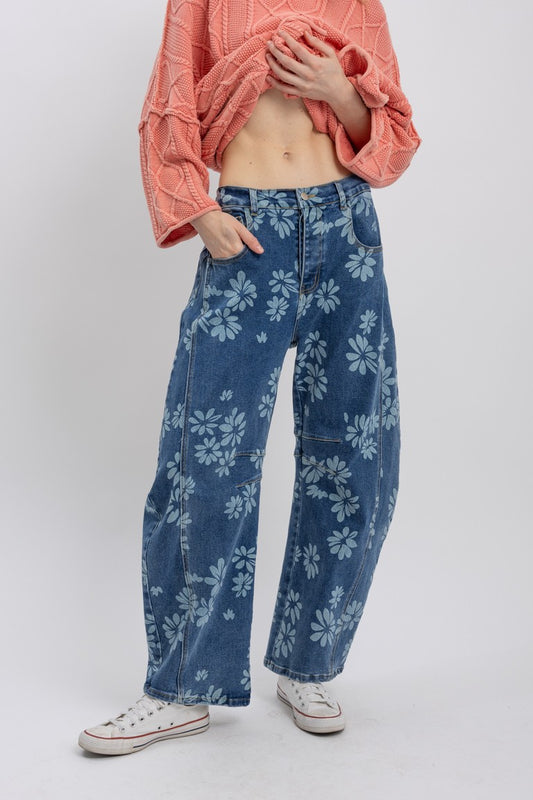 "Bouquet Barrels" Flower Print Barrel Jeans
